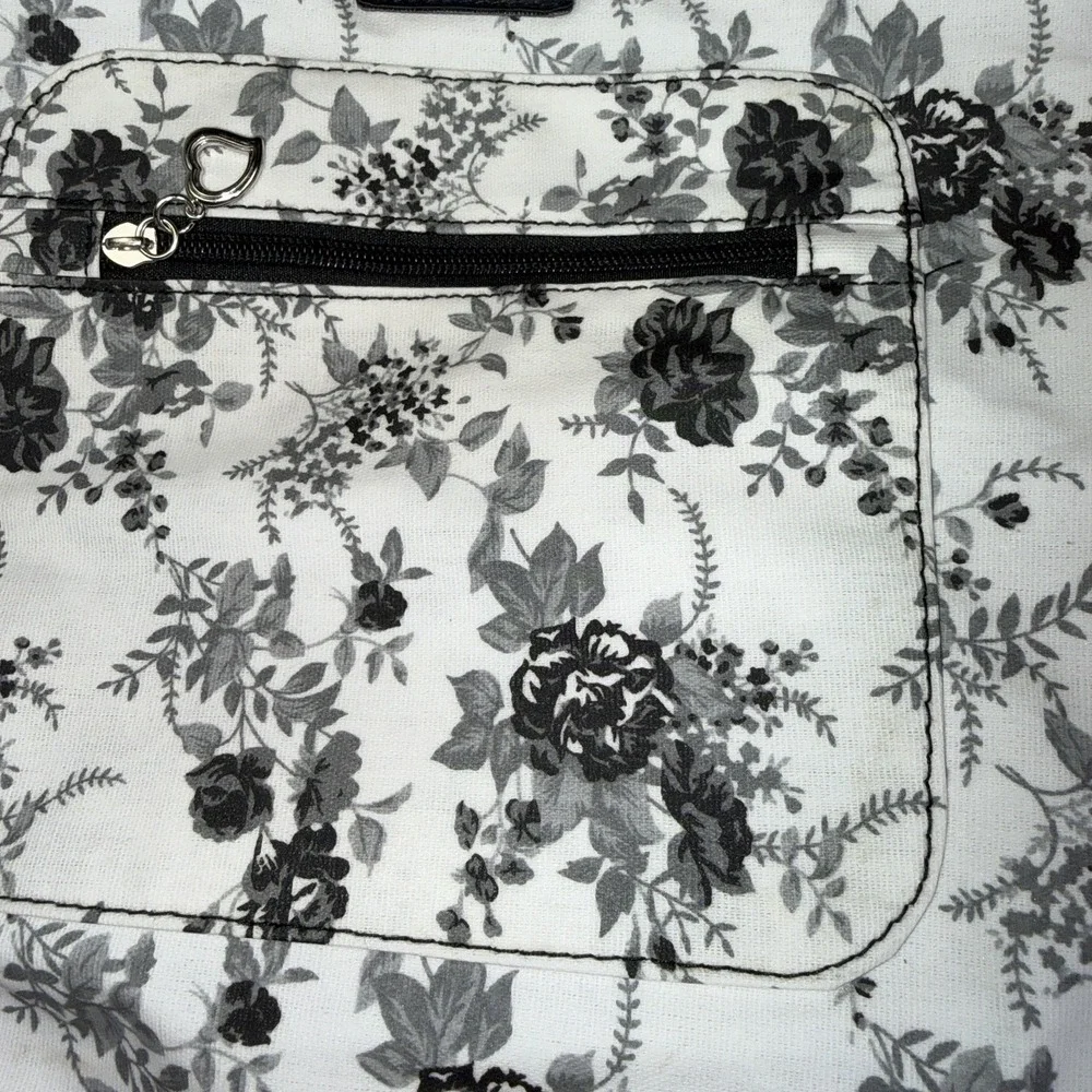 Bella Russo  Floral Tote Bag Black White Canvas Shoulder Bag‎ Large Zip Pocket